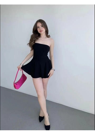 Moda Kadın Straplez Mini Etek Görünümlü Şortlu Elbise Büzgülü Şık Yazlık - Siyah Çok Renkli