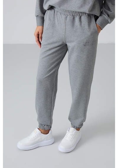 Tommy Life Gri Melanj Basic Pamuklu O Yaka Oversize Lastik Paça Kadın Eşofman Takım - 95287 GRİ MELANJ