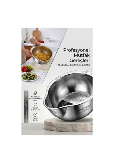 Gümüş 304 Paslanmaz Çelik Makarna Ve Sebze Yıkama Süzgeci 26,8 X 24 Cm Diğer