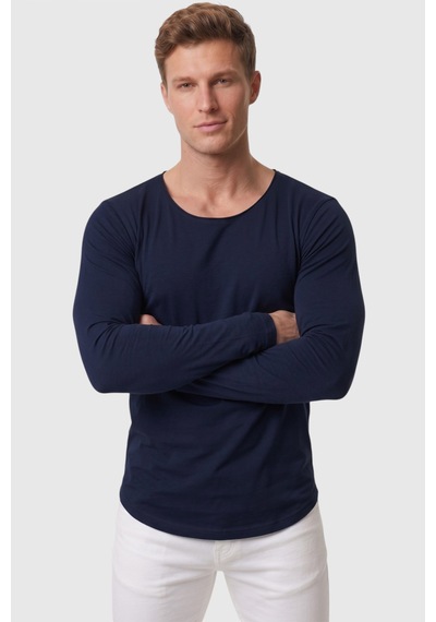 Rizzup Erkek Lacivert %95 Pamuk Slim Fit Kesik Açık Yaka Likralı Penye Sweatshirt Oval Kesim 2602299