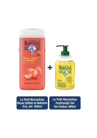 Le Petit Marseillais Beyaz Şeftali-Nektarin Duş Jeli 650 ML+Zeytinyağlı Sıvı Sabun 300 ML
