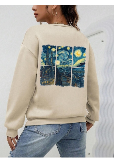Uyguntarz Unisex Vangogh Baskılı Tasarım Oversize Sweatshirt Bej
