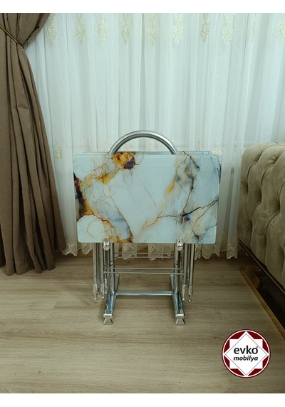 Evko Mobilya Çanta Zigon Sehpa, 4'lü Sehpa, Zigon Sehpa, Servis Sehpası, Camlı Sehpa, Katlanır Sehpa Mavi Mermerr Altın - Koyu Mavi