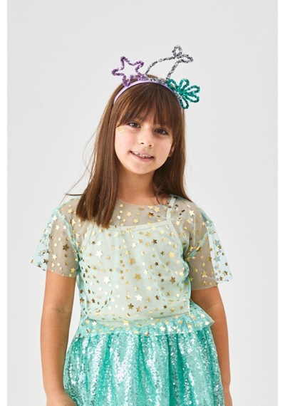 Le Mabelle Mint Yıldız Baskılı Kısa Kollu Kız Çocuk Tül Crop Mint