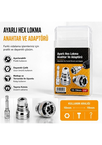 Adaptör Ayarlı Hex Lokma Anahtar Ve Matkap Ü 10 19mm 3/8 Inc