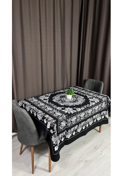 Kolay Temizlenebilir Renkli Cıvıl Cıvıl Desenli Masa Örtüsü 170x170 Cm Siyah-Gri