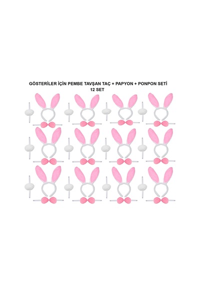 Pembe Tavşan Kostüm Seti Taç, Papyon, Ponpon 12 Li Paket - Zmff-582130 18
