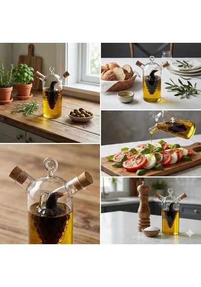 2'si 1 Arada Cam Yağlık Ve Sirkelik - İç İçe Geçmeli Çift Hazneli Dekoratif Sosluk - Mantar Kapaklı Zeytinyağı Ve Sirke Şişesi 240ml + 60ml Çok Renkli