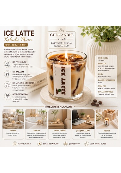 Gül Kokulu Latte Aromalı Cam Bardak Mum Diğer