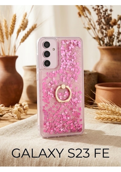 Flody Samsung Uyumlu Galaxy S23 Fe Kılıf Sulu Simli Akışkan Silikon Yüzüklü Pembe