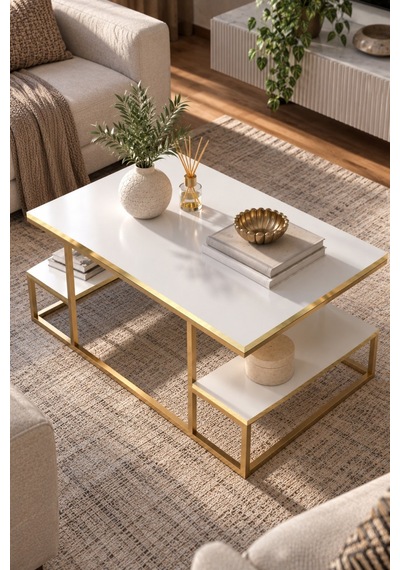 Sulorahome Gold Beyaz Orta Sehpa 90x60 Cm Dikdörtgen Salon Sehpası Altın - Beyaz