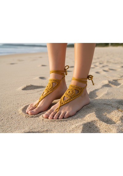 Boho Stil Barefoot Sandal El Yapımı Hardal Ayak Aksesuarı Çift