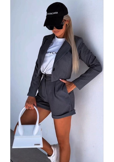 Hgfashion Atlas Çizgi Desenli Kumaş Şort Ve Ceket İkili Takım Siyah Renk Siyah