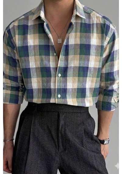 Erkek Ekose Gömlek Slim Fit Pamuklu Uzun Kollu Günlük Şık Gömlek Haki