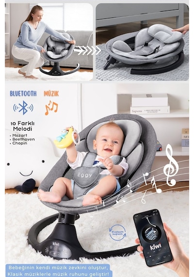 Kiwi Eggy Plus Elektrikli Otomatik Sallanan Bebek Ana Kucağı, 5 Farklı Sallanma Hızı, Oyuncaklı, Açık Gri