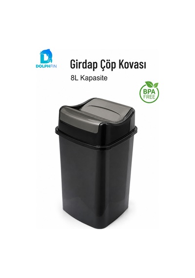 Girdap 8 Litre Sallanır Kapaklı Çöp Kovası Mutfak Banyo Ofis Siyah Füme