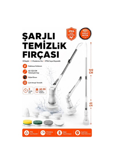 Kablosuz Şarjlı Temizlik Fırçası 8 Başlıklı 3 Kademe Hız Ayarlı Teleskopik Çok Amaçlı Ev Cihazı