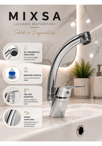Lüx 360 Döner Borulu Çift Su Girişli Lavabo Bataryası Çeşmesi Musluğu Krom