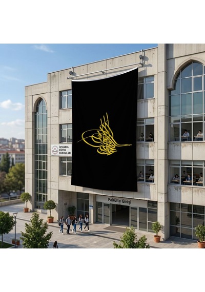 Siyah Zemin Üzeri Osmanlı Tuğrası Bayrağı 140gr Premium Raşel Kumaş 6x9 Metre Diğer