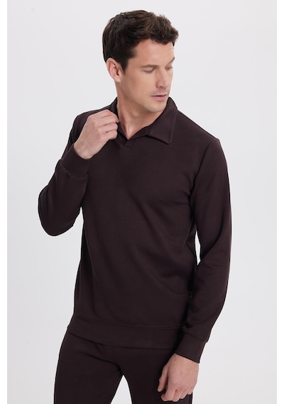 Tudors Erkek Relax Fit Rahat Kesim Polo V Yaka Kahverengi Sweatshirt-41921 Kahverengi
