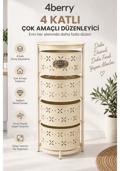4 Katlı Metal Çok Amaçlı Düzenleyici Sepet Mutfak Sebzelik, Oyuncak, Banyo Ve Ev Organizeri Krem