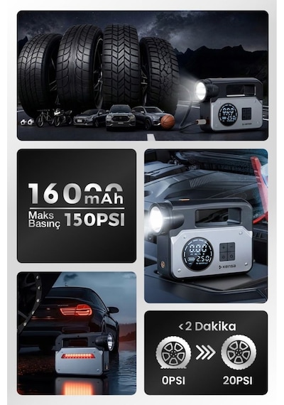 3 Ü 1 Arada Akü Takviye Cihazı Ve Hava Pompası 150 Psı Dijital Kompresör 16.000mah Powerbank Type-c