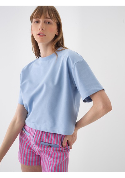 Xint Mavi Pamuk Dokulu Oversize Tişört 602459