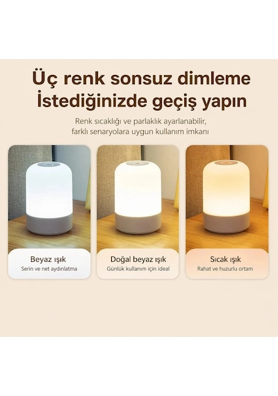 Şarjlı Kablosuz Gece Lambası Led Dokunmatik Kumandalı 3 Renk Modlu Dimmerli Zaman Ayarlı Masa Lambas Çok Renkli
