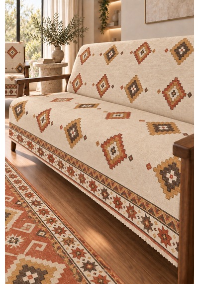 3 Lü Set 2 Adet 165x215 Cm Koltuk Örtüsü + 1 Adet 6m2 180x280 Cm Kaymaz Taban Dijital Baskılı Halı Kiremit