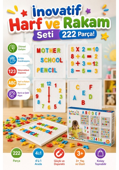 Eğitici Geçmeli Harf, Rakam Ve Saat Seti 222 Parça Zeka Geliştirici Okul Öncesi Oyuncak 3+ Yaş
