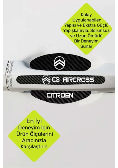 Araç Modeline Özel Citroen C3 Aircross Karbon Kapı Kolu Koruma Seti Beyaz Yazılı 8 Parça Şık Tasarım