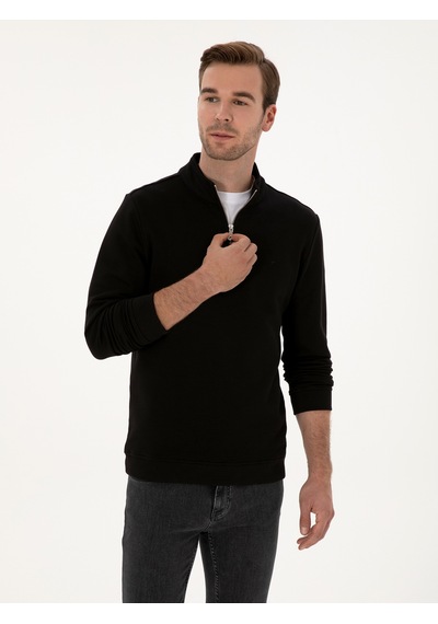 Siyah Regular Fit %100 Pamuk Yarım Fermuarlı Sweatshirt