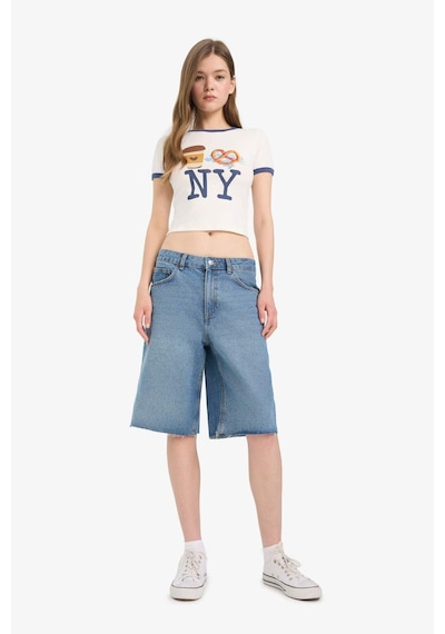 Defacto Coool Fitted Crop Bisiklet Yaka Baskılı Ribana Kısa Kollu Tişört F2785ax25smwt32 Beyaz