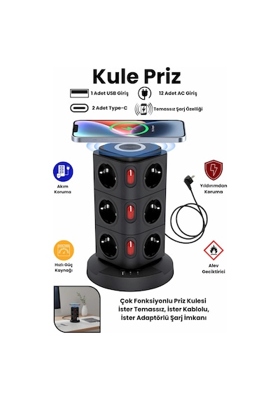12 Prizli Güç Kulesi Akıllı Priz 3 Usb + Kablosuz Şarj 3680w Yüksek Güç