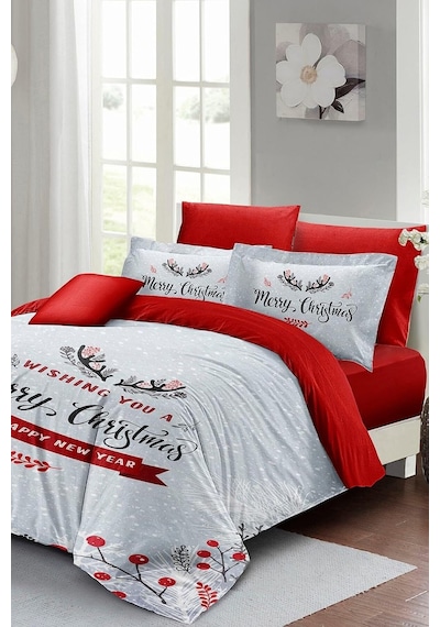 Tr King Size Yılbaşı Süsü Wishing You Noel Pamuk Saten 3d Çift Kişilik Nevresim Takımı, Monohome42356 Genel