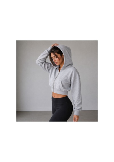 Herkesemoda Kadın Grimelanj Fermaurlı Kapüşonlon 2 İplik Şardonlu Crop Sweatshirt Gri