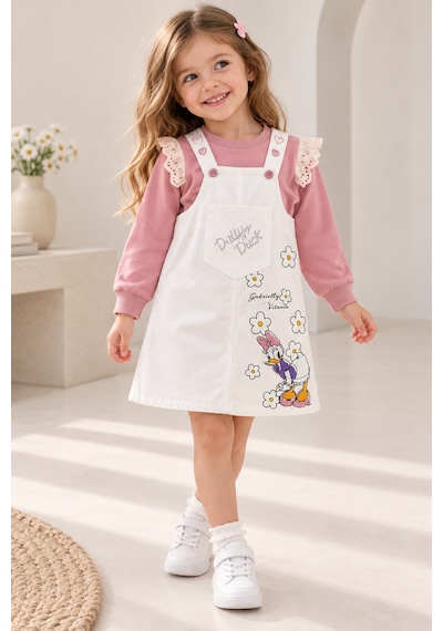 Nota Kids Kız Çocuk Çiçek Baskılı Gabardin Jile Elbise Takımı Dantel Detaylı Sweatshirtlü 2'li Takım Beyaz