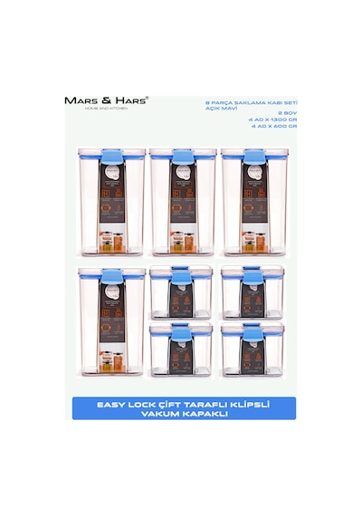8'li Sızdırmaz, Çift Kilit Klipsli, Vakum Kapaklı, Erzak, Baharat Saklama Kabı 4 Orta +4 Küçük Açık Mavi