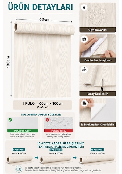 Deconitte Premium Beyaz Ahşap Desenli Kendinden Yapışkanlı Pvc Mobilya Dolap Tezgah Kaplama Folyosu 60x100 Cm