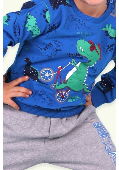 Breeze Erkek Bebek Eşofman Takımı Dinozor Baskılı Mavi (9 Ay-1.5 Yaş)
