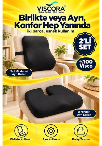 Araba Ve Ofis Koltuğu Sırt Ve Kuyruk Sokumu Minderi 2 Li Set Ergonomik Visco, Kaymaz Taban Siyah