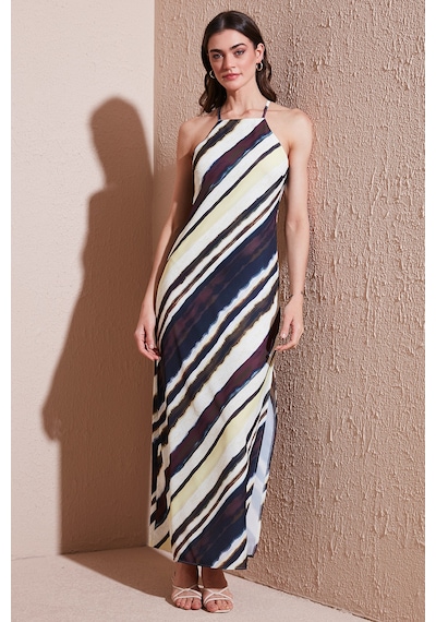 Lela Batik Desenli Relaxed Fit Halter Yaka Yırtmaçlı Uzun Bayan Elbise 67810556 Kahve-Sarı