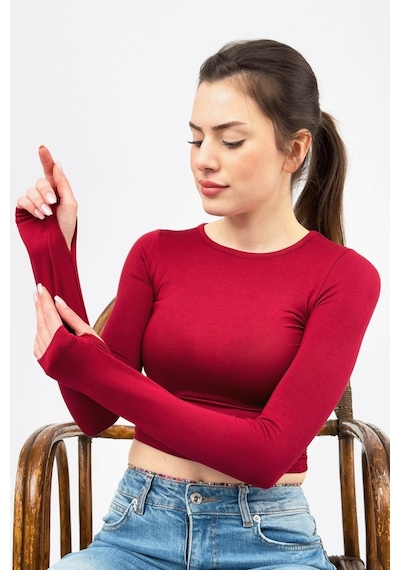 Kadın Bisiklet Yaka Parmak Detaylı Spor Body Basic Soft Touch Spor Crop Bordo
