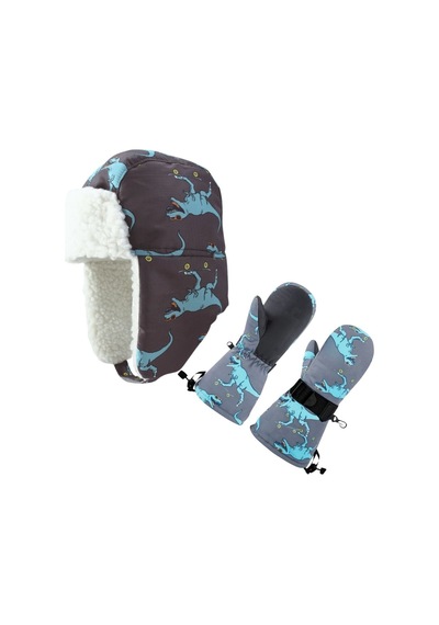 Su Geçirmez Erkek Çocuk Bere Eldiven Set 2-4 Yaş Kayak Snowboard Bere Eldiven Gri Mavi Dino