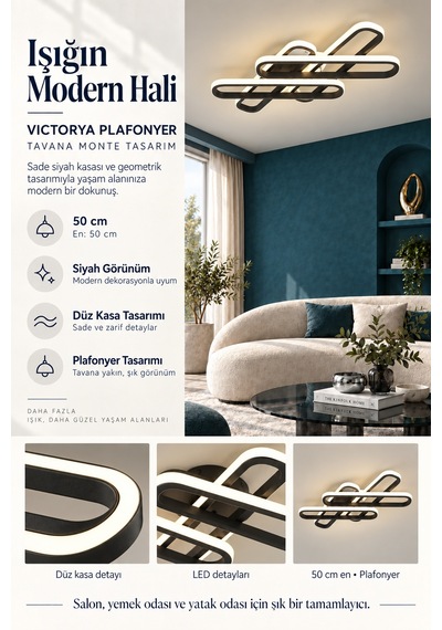 Victorya Büyük Plafonyer Modern Ledli Avize 3 Renk Power Ledli Siyah Kumandalı Yatak Odası Salon Mutfak