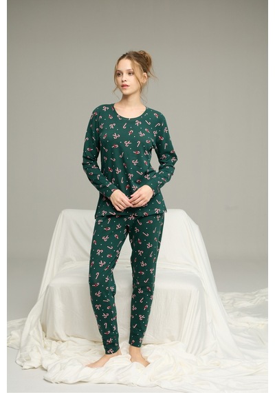 Siyah İnci Şeker Desenli Örme Pamuklu Pijama Takım25240277 Yeşil