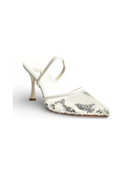 Fox Shoes Y726493615 Beyaz File Pullu İşlemeli İnce Topuklu Ayakkabı Beyaz