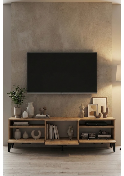 Tv Sehpası 160 Cm Kapaklı Raflı Televizyon Ünitesi Salon Oturma Odası Tv Sehpa Mistral Bej