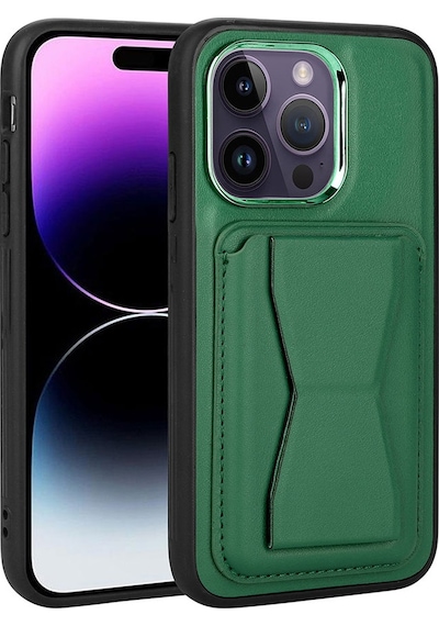 Kilifone - Apple Uyumlu iPhone 14 Pro - Kılıf Kart Bölmeli El Tutacaklı Stand Olan Pu Deri Memo Kapak - Koyu Yeşil