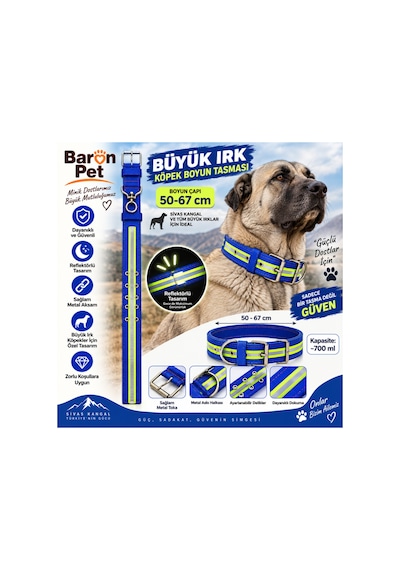 Baron Pet Köpek Boyun Tasması 50-67 Cm Reflektörlü Dokuma Metal Tokalı Sivas Kangal Ve Büyük Irk - Mavi Çok Renkli
